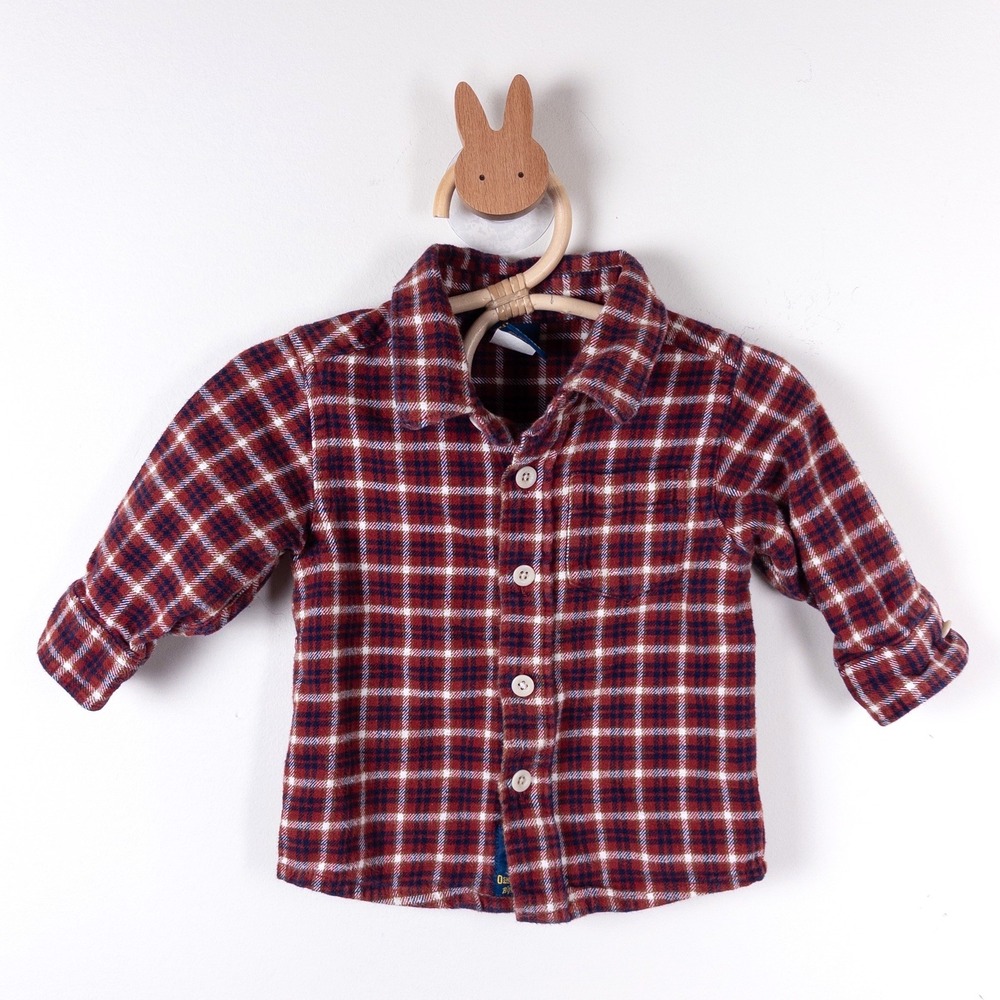 OshKosh B'gosh‎ Flannel Shirt Baby 6-9M Red Navy Blue Plaid Button Front